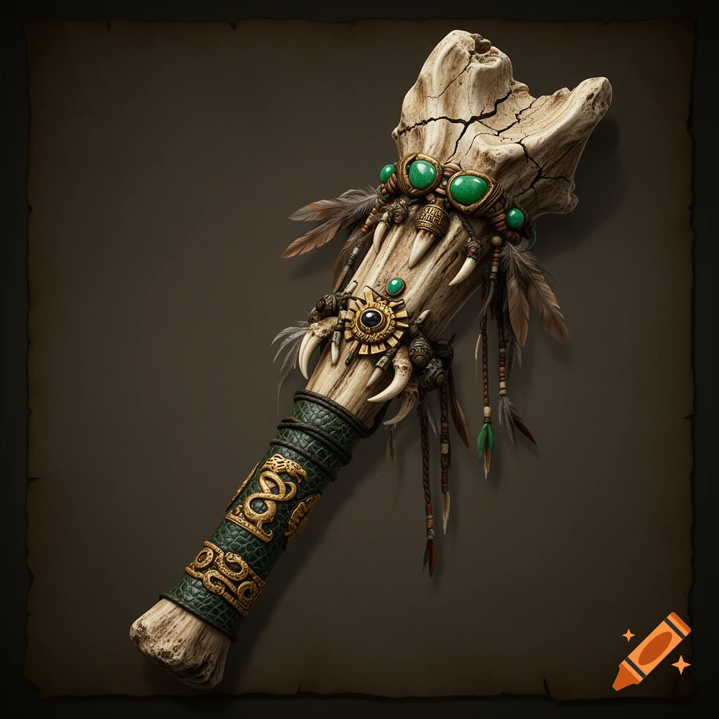 Ancient tribal war club of cracked fossilized bone, wrapped in green leather with gold patterns, jade, feathers, and fangs. Photorealistic fantasy art.