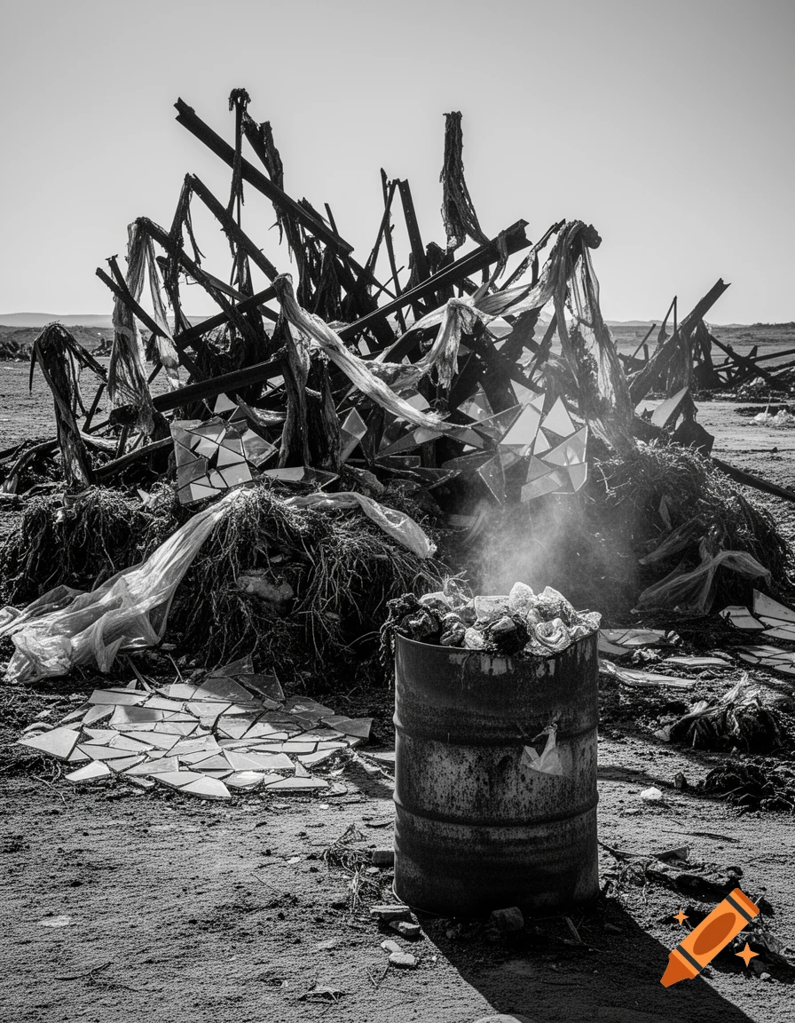 Black and white photo of a desolate junkyard with a large pile of debris, broken mirrors, and a smoking, rusty barrel.