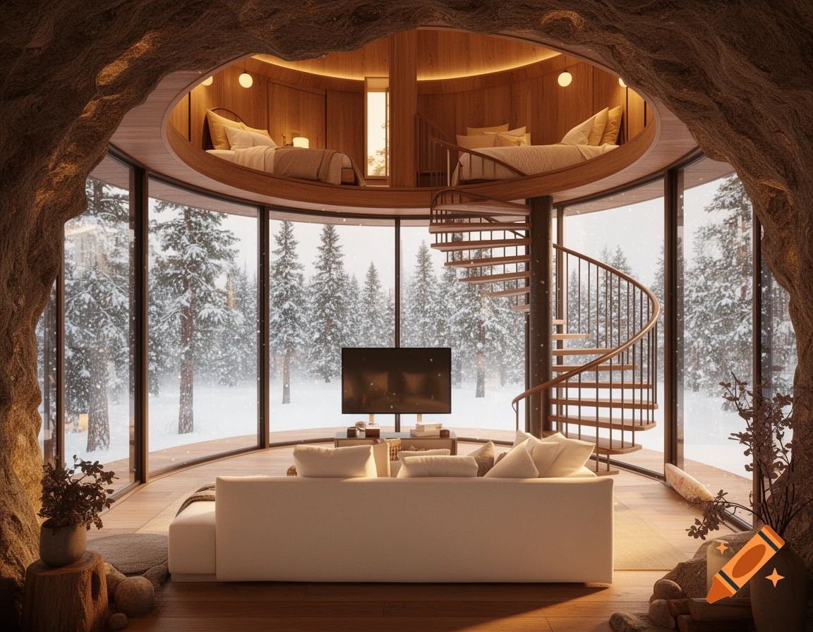 Interior of a modern round house built into a cave, featuring a living room with a white sofa, a TV, and a spiral staircase leading to two beds upstairs. Large windows overlook a snowy winter forest.