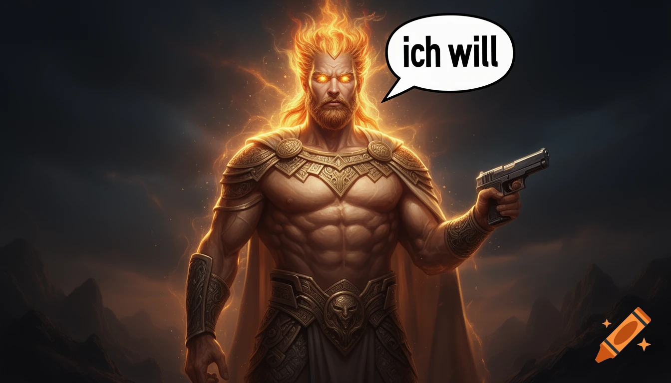 A dramatic illustration of a powerful, glowing ancient god holding a handgun with a speech bubble saying 'ich will'.