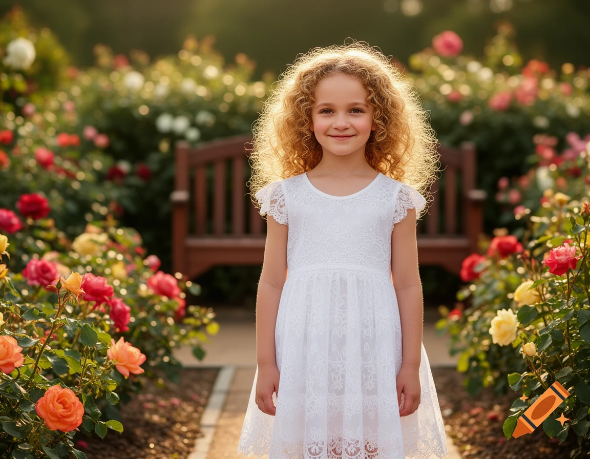 A smiling young girl with curly blonde hair in a white lace dress stands in a vibrant rose garden bathed in warm sunlight.