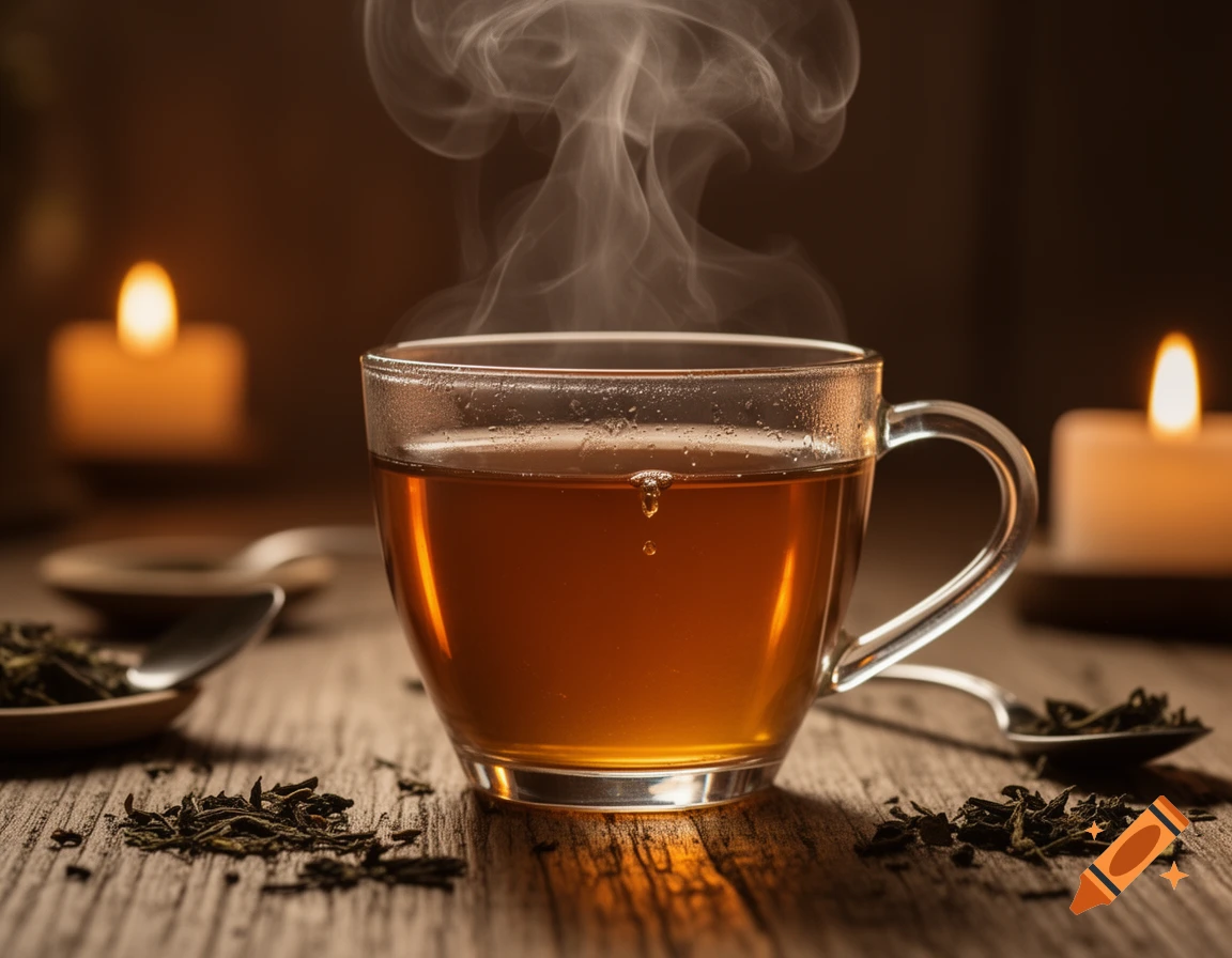 A steaming clear glass cup of hot tea on a wooden table, surrounded by loose tea leaves, spoons, and blurred candles.