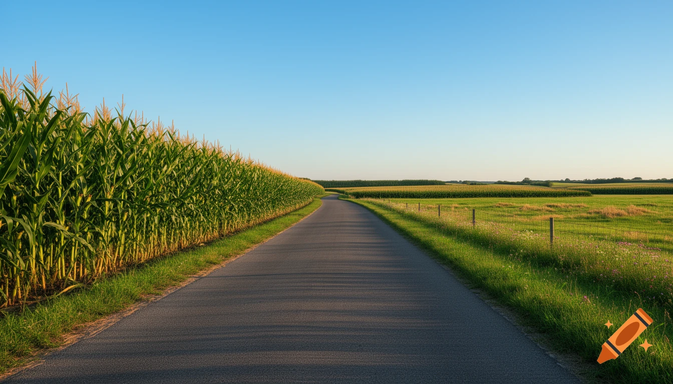 A country road curves through a rural landscape with tall cornfields on one side and green pasture on the other under a clear blue sky.