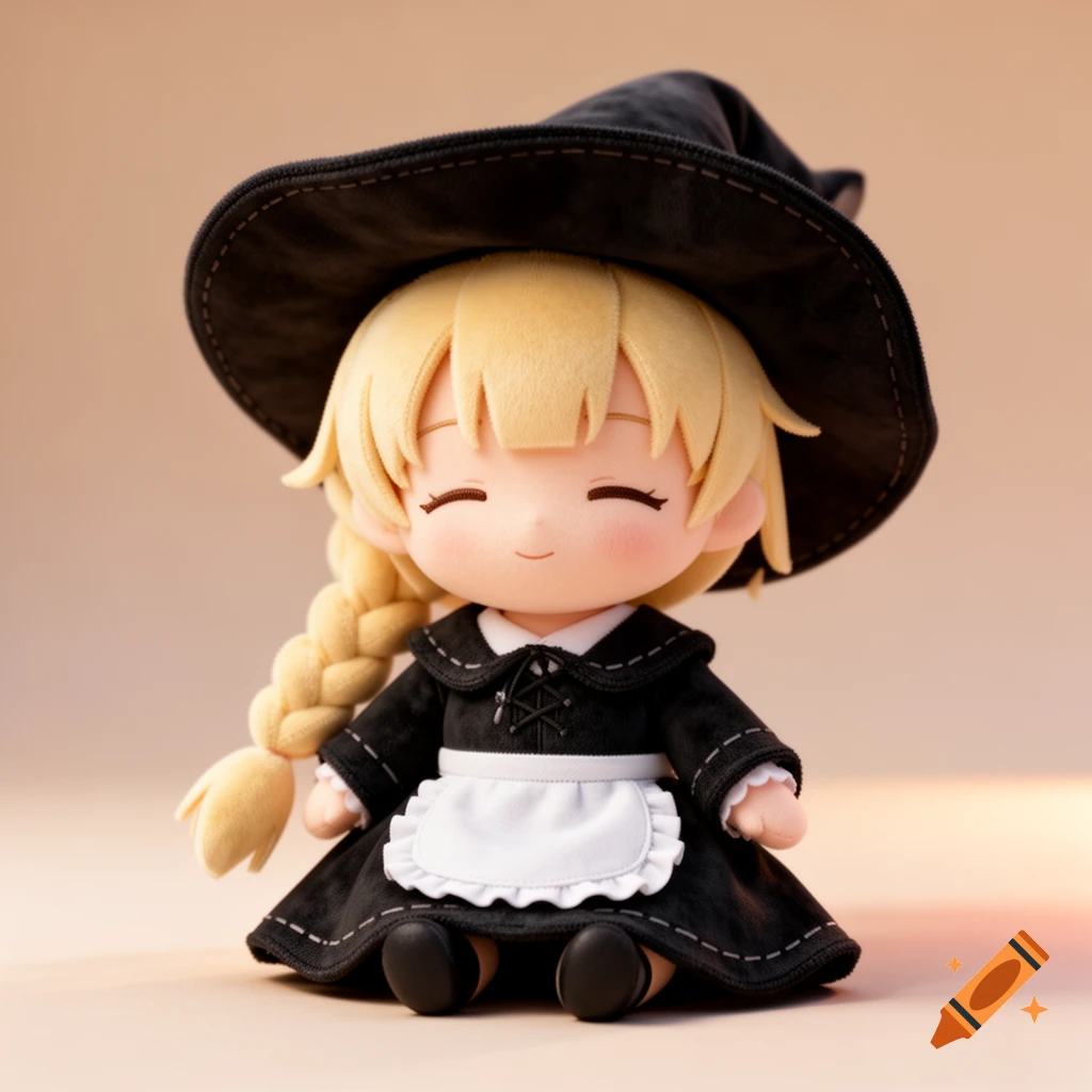 Chibi anime girl plush toy with blonde braided hair, wearing a black witch hat and dress with a white apron, in a 3D render style.