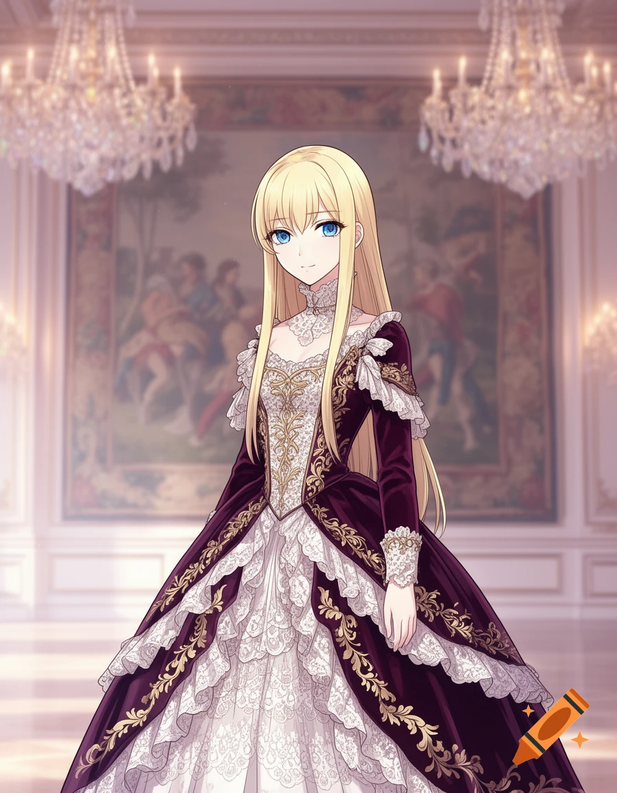 Anime woman with blonde hair and blue eyes in a detailed purple and gold baroque dress, standing in a lavish hall.