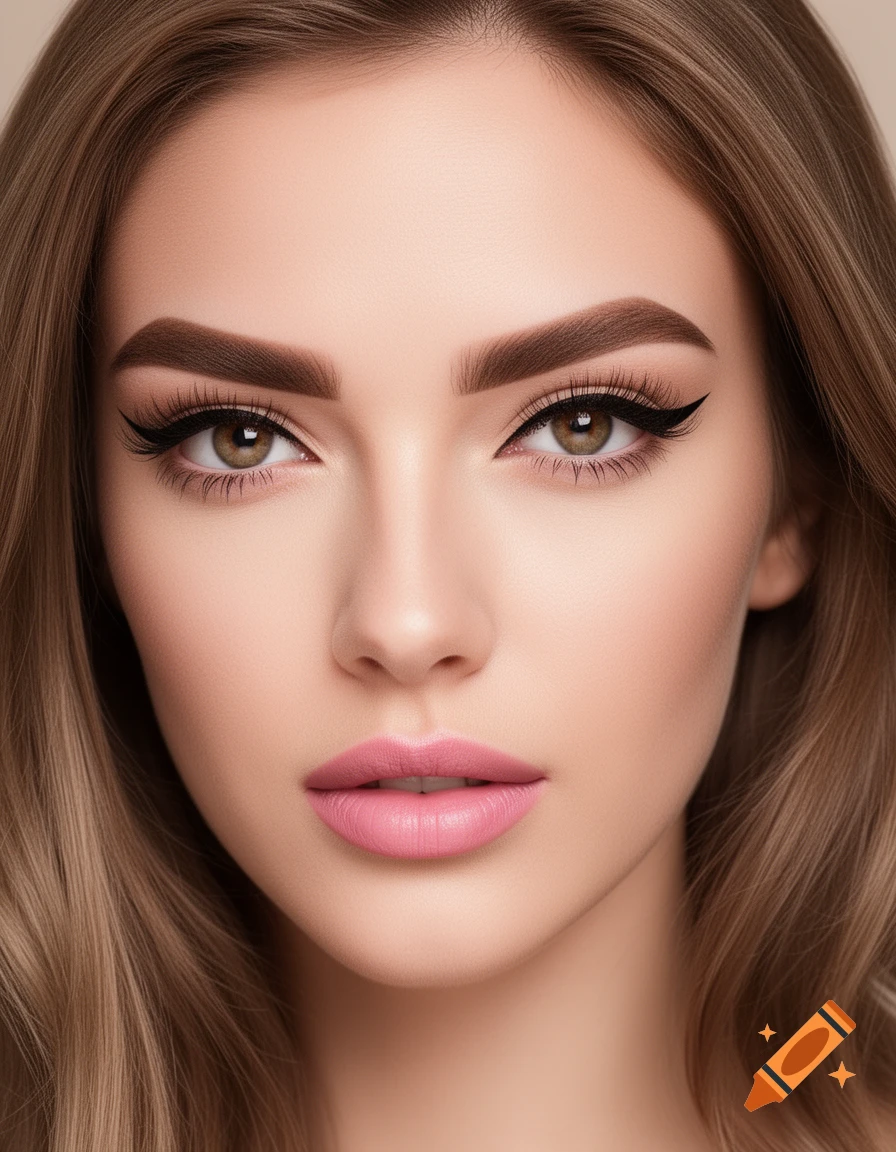Close-up photorealistic portrait of a woman with light brown hair, defined eyebrows, cat-eye eyeliner, and pink lipstick.