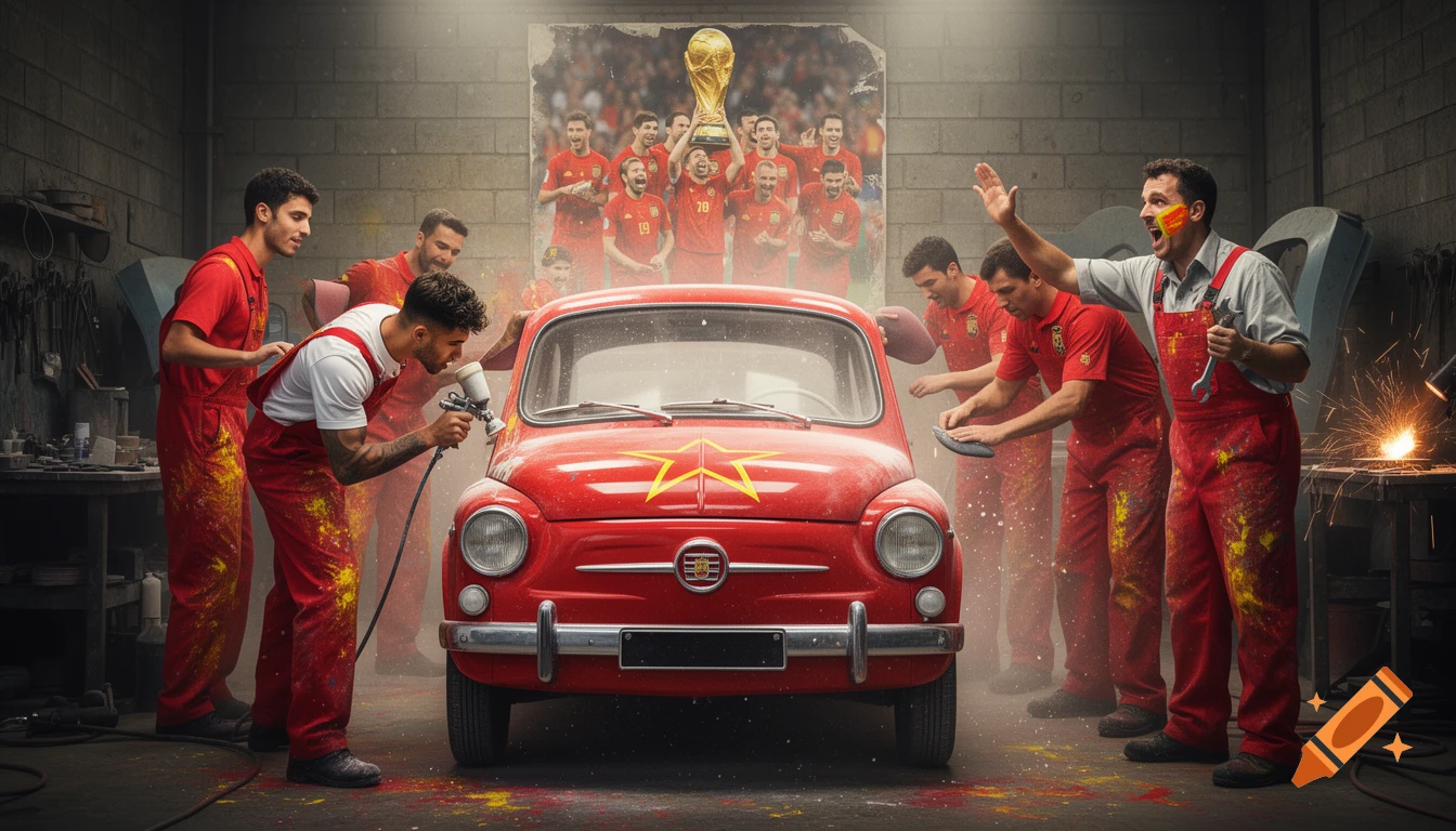 Photorealistic scene in an auto body shop, where a group of football players in red overalls are customizing a vintage red car with a yellow star. A large poster of a winning football team hangs on the wall.