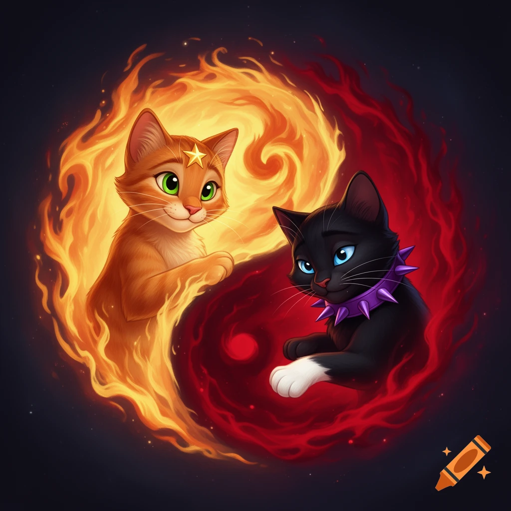 Cartoon orange cat with star and black cat with spiked collar in a fiery yin-yang symbol.