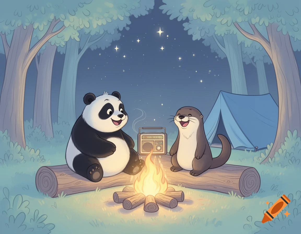 A happy panda and otter sit around a campfire, listening to a radio, with a blue tent and trees in the background at night. Cartoon style.