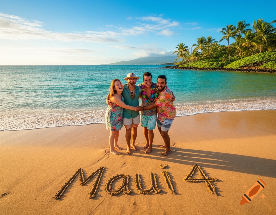 Four smiling friends embrace on a sunny beach, with 'Maui 4' written in the sand, palm trees in the background.