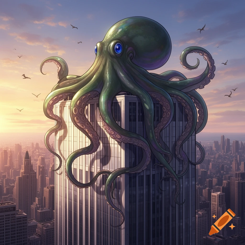 A giant green octopus with blue eyes sits atop a tall skyscraper in a city at sunset, with birds flying.