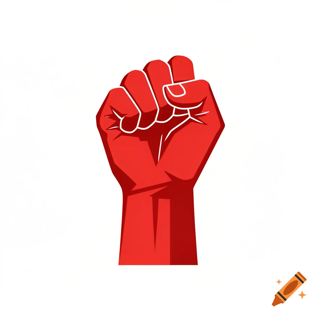 A stylized red upright fist with white outlines on a white background.