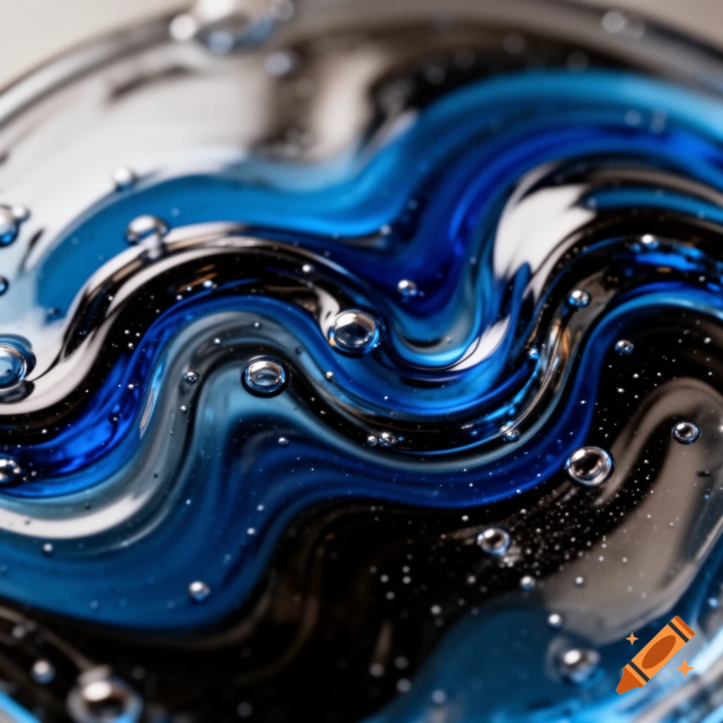 Close-up of swirling blue, black, and white liquid with numerous small bubbles.