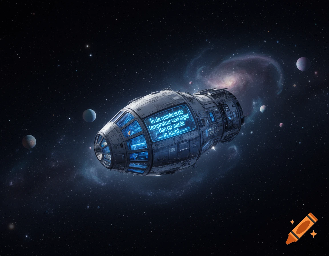 A detailed, futuristic spaceship with glowing blue screens showing text, flying through deep space with planets and a galaxy.