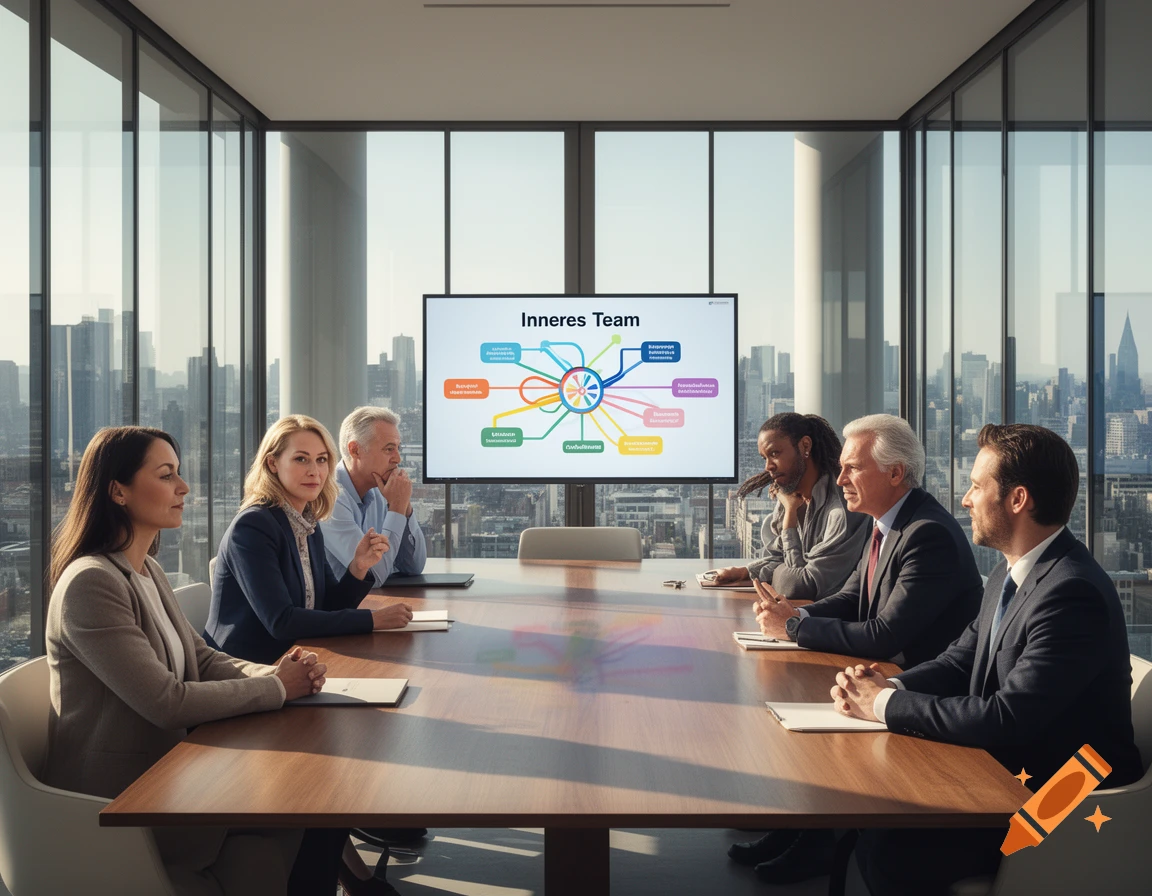 A diverse group of professionals sits around a conference table in a modern office with large windows overlooking a city skyline. A screen displays a diagram.