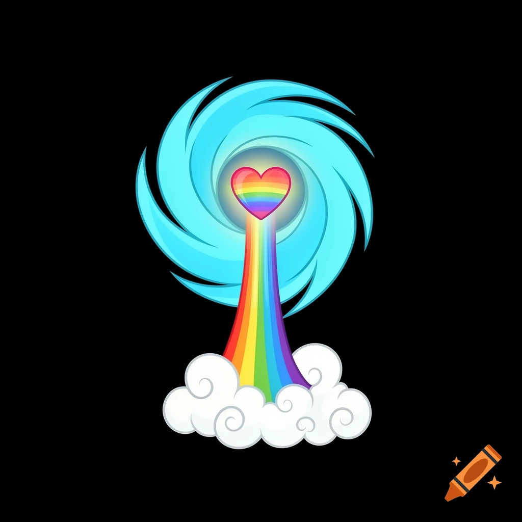 A stylized cyan swirling hurricane with a rainbow heart in its center, emitting a rainbow waterfall into white clouds below, on a black background. My Little Pony vector art style.