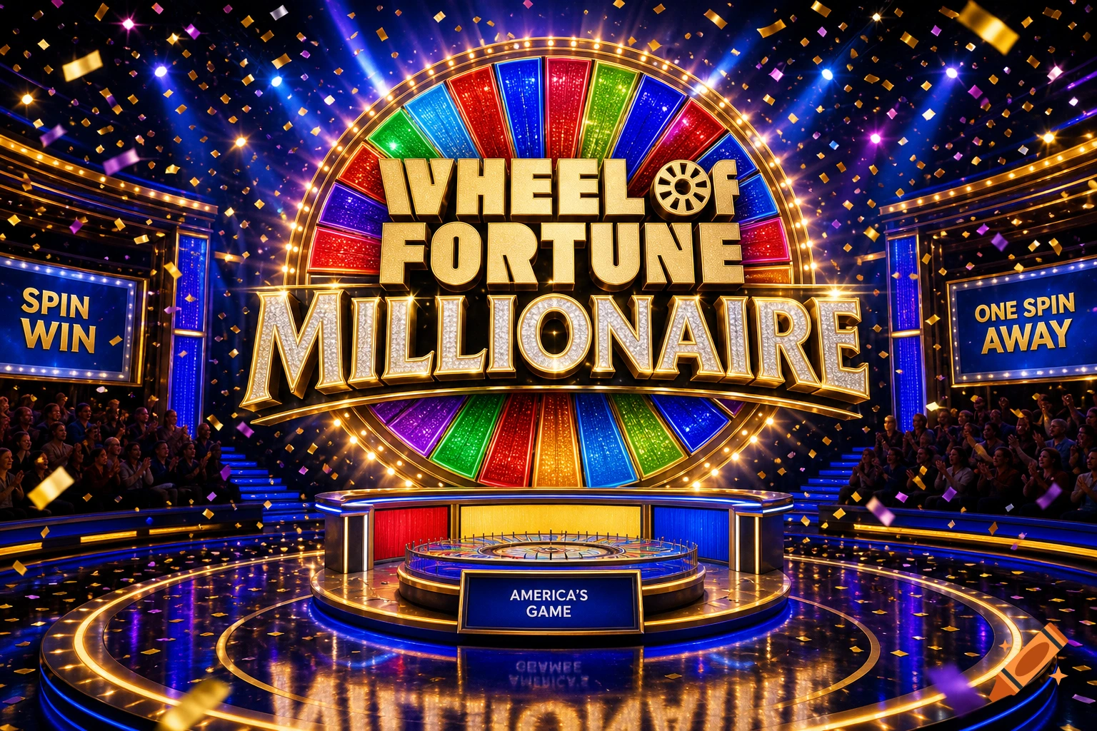A vibrant game show set with a large, colorful Wheel of Fortune-style wheel in the center, featuring the golden text 'WHEEL OF FORTUNE MILLIONAIRE'. Confetti falls over the audience-filled arena, illuminated by spotlights.