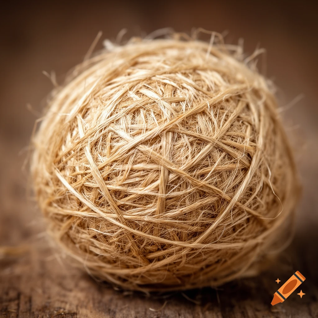 Close-up of a ball of light brown, tangled hemp fiber resting on a rustic wooden surface, photorealistic.