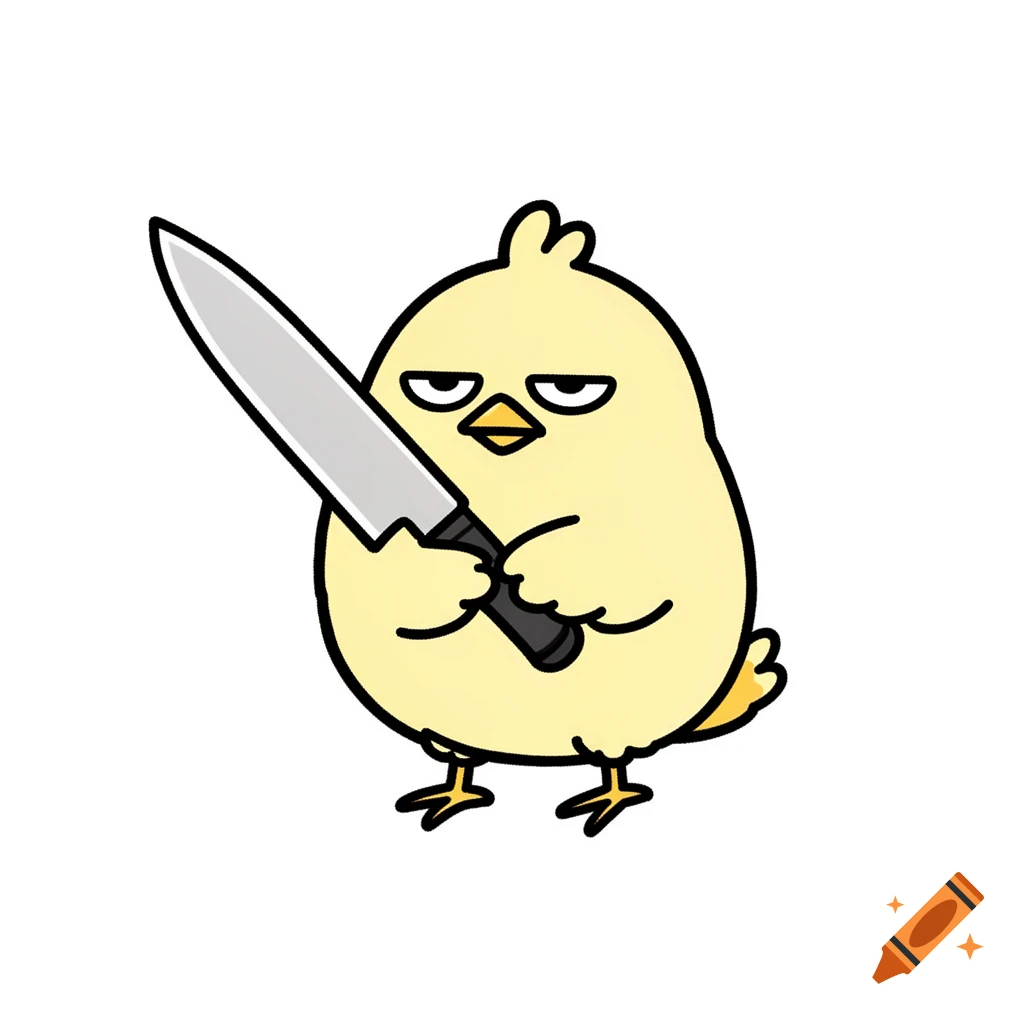 A round yellow cartoon chicken with a serious expression holds a large kitchen knife.
