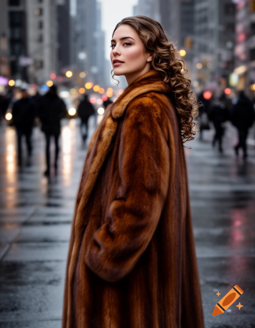Photorealistic image of a woman in a brown fur coat looking over her shoulder on a rainy city street.