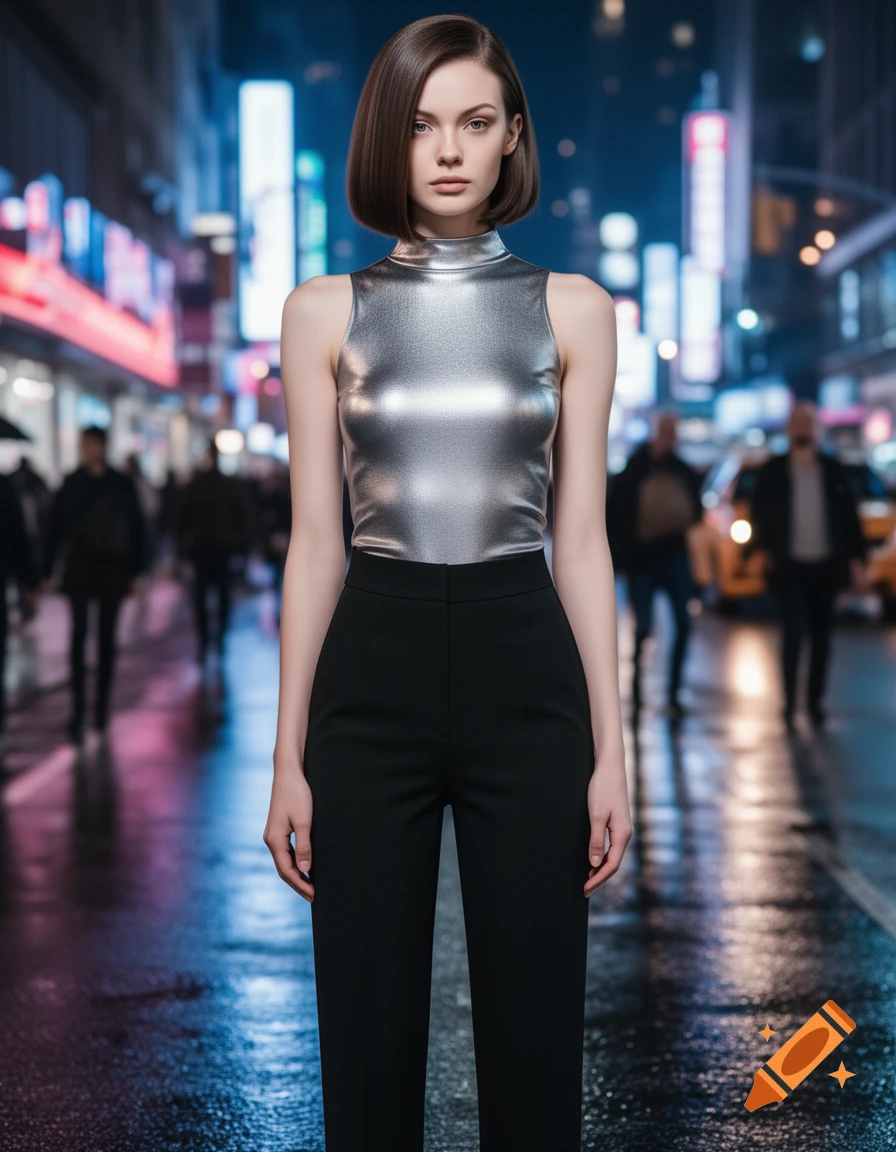 A photorealistic image of a woman in a silver metallic top and black pants standing on a wet city street at night.