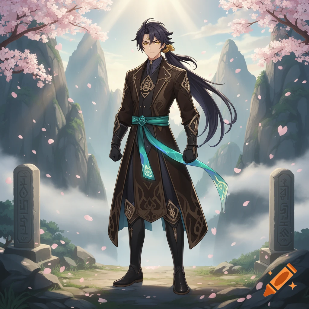 Anime-style male character with long dark hair, wearing a black coat and turquoise sash, standing in a mountain valley with cherry blossoms and stone tablets.