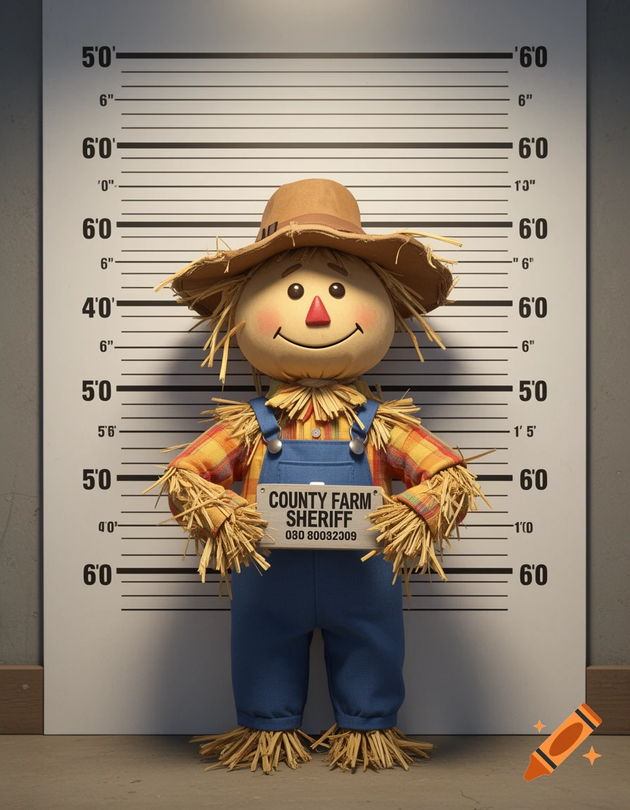 A smiling scarecrow in overalls and a straw hat stands against a mugshot height chart, holding a "County Farm Sheriff" placard. Styled as a playful cartoon.