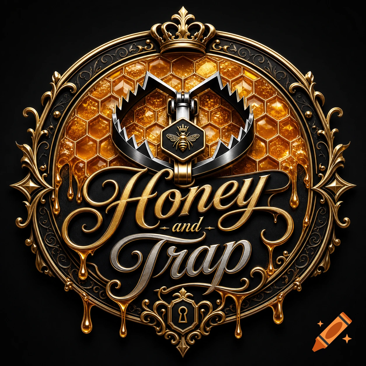 Ornate metallic gold and silver logo featuring a honeycomb, dripping honey, a crown, a bear trap, and the words 'Honey and Trap'.