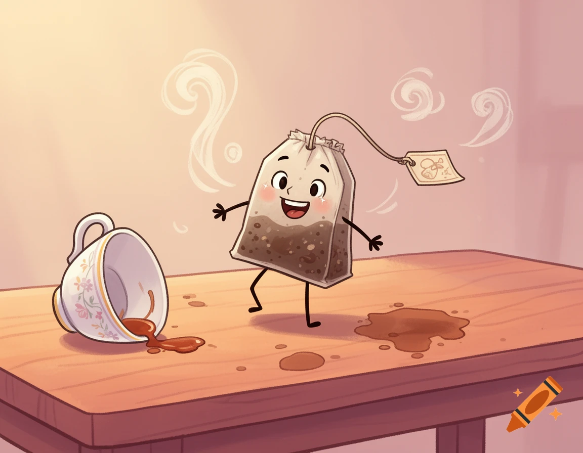 A happy, cartoon teabag with arms and legs stands next to an overturned teacup spilling tea on a wooden table.