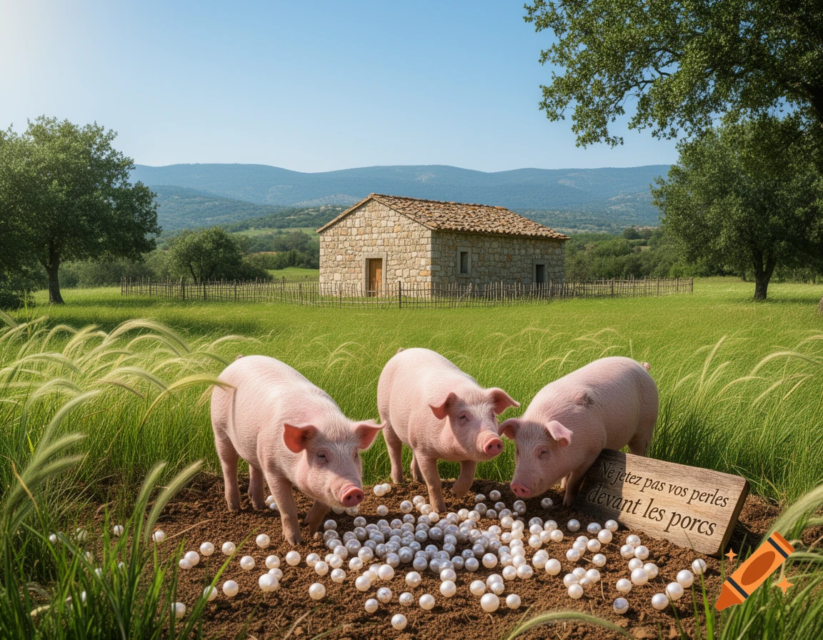 Three pink pigs in a rural field next to a sign with French text and scattered pearls, with a stone house in the background. Photorealistic.