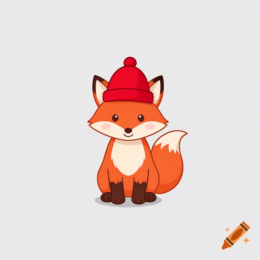 A cute cartoon fox wearing a red winter hat, sitting on a plain background.