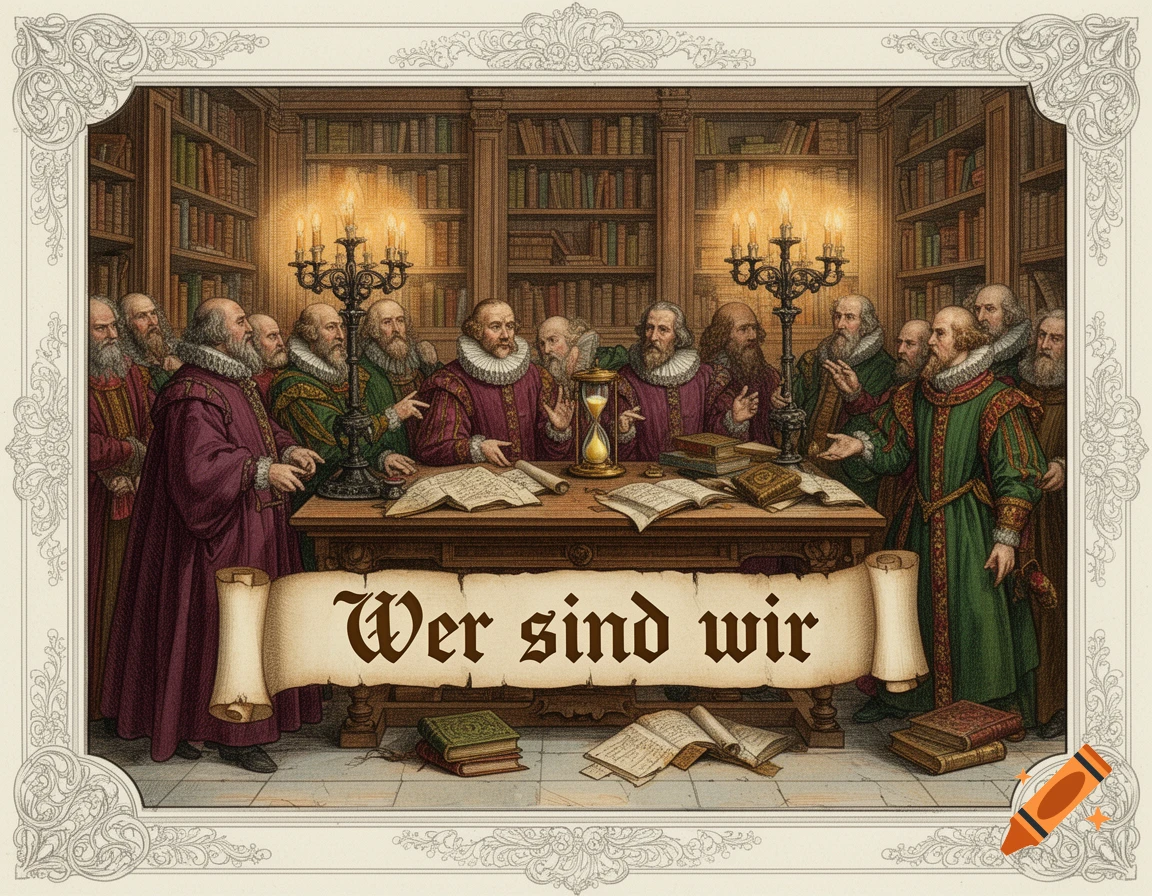16th-century style illustration of bearded men in historical attire in a library, gathered around a table with a banner reading "Wer sind wir".