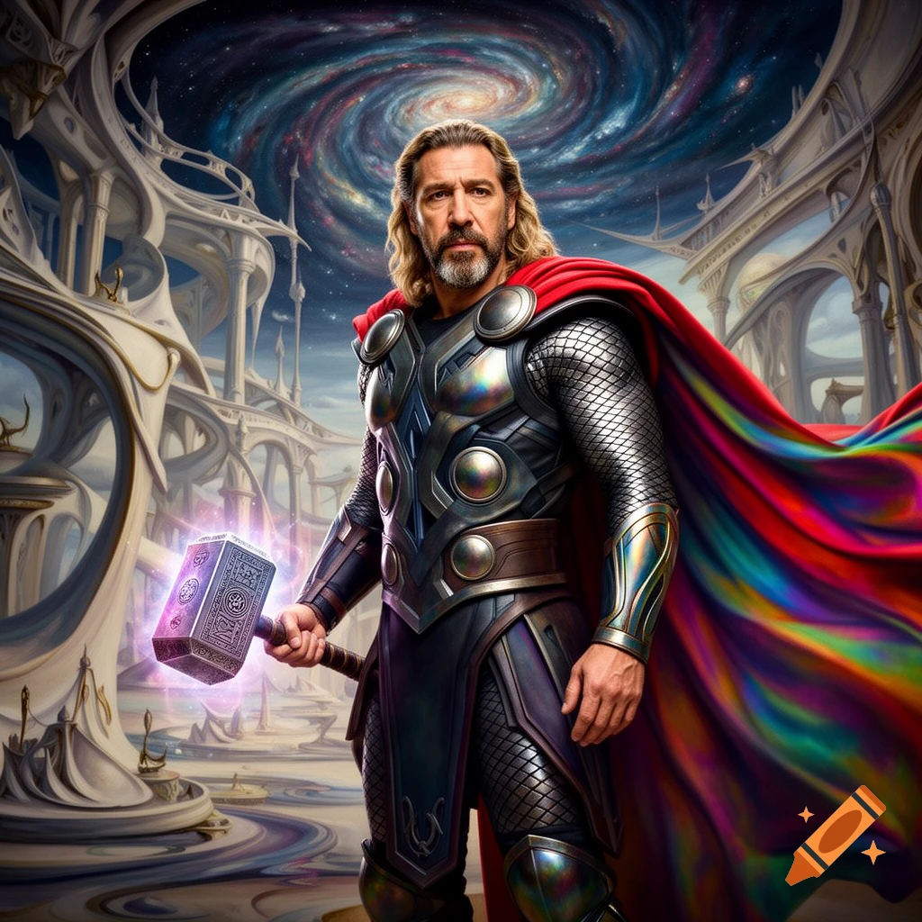 A man resembling Thor in ornate armor with a vibrant rainbow cape holds a glowing hammer in a fantastical architectural setting under a swirling cosmic sky.