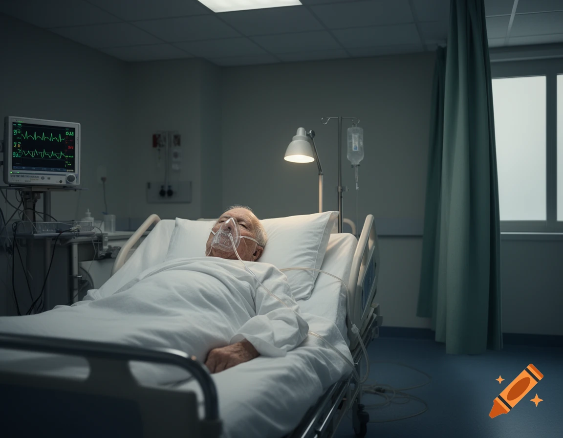 An elderly man lies in a hospital bed with an oxygen mask, connected to a medical monitor in a dimly lit room.