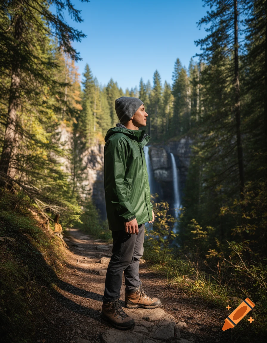 A man in a green jacket and beanie stands on a forest path, looking towards a waterfall in the background.