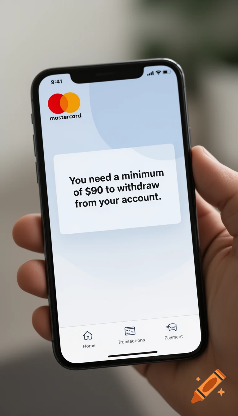A hand holds a smartphone displaying a Mastercard banking app with a message: "You need a minimum of $90 to withdraw from your account."