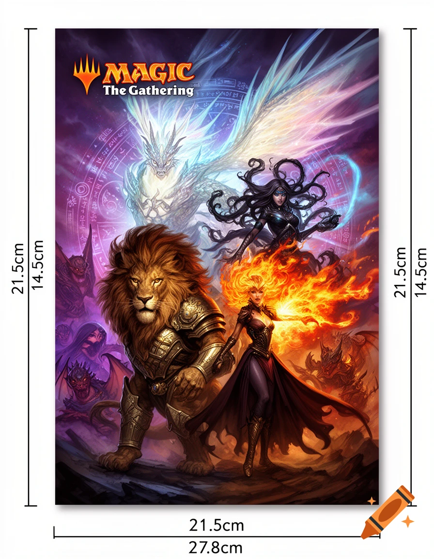 A vibrant fantasy illustration of an armored lion, two mages with elemental powers, a winged dragon, and mythical creatures under a 'Magic: The Gathering' logo.