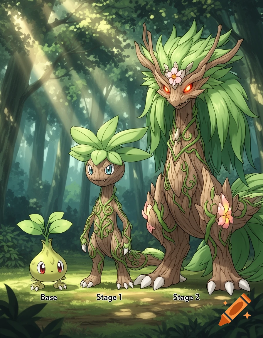 Three plant-like fantasy creatures, resembling Pokemon, stand in a forest, labeled Base, Stage 1, and Stage 2. The largest is a tree-like dragon.