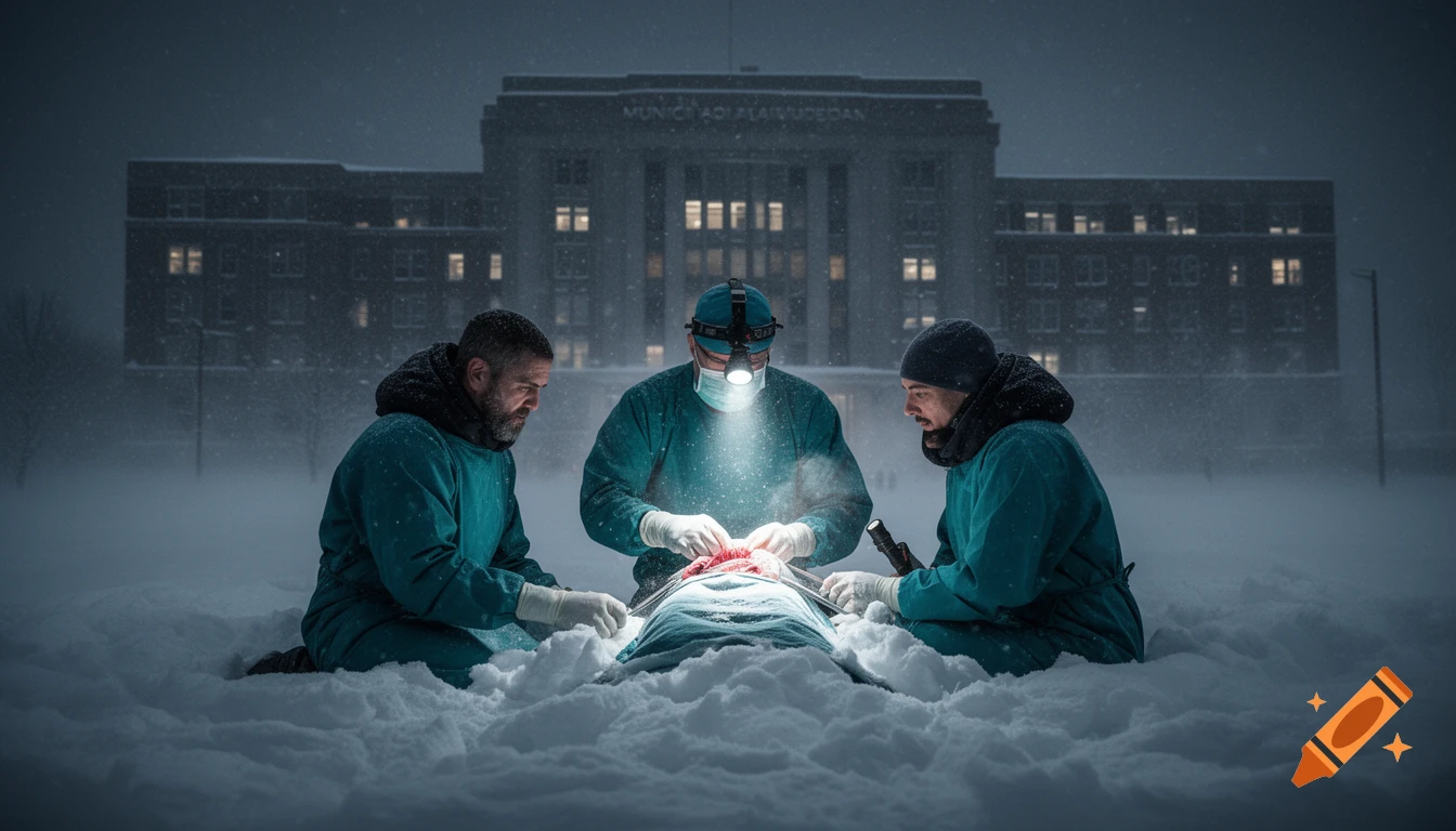 Three medical professionals perform emergency surgery in deep snow during a blizzard at night, illuminated by headlamps, in front of a dark hospital.