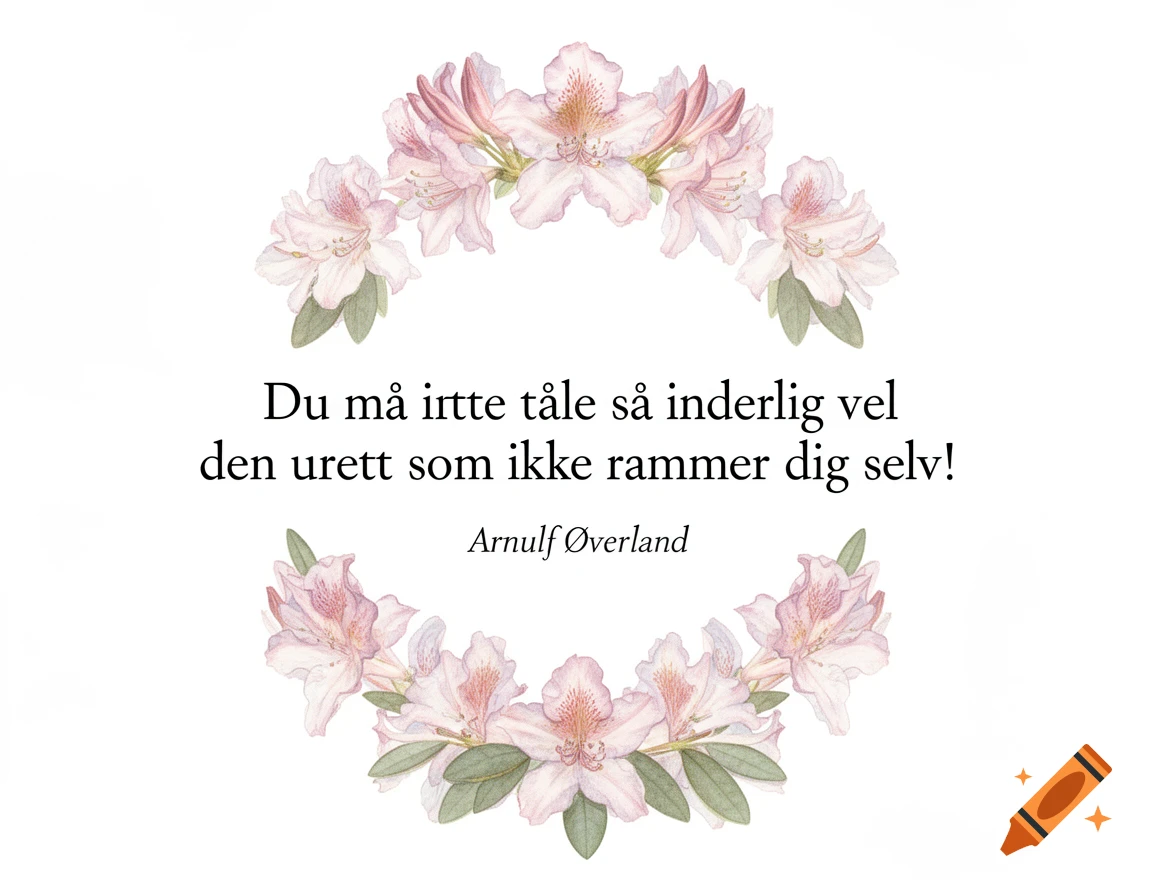 Watercolor pink and white rhododendron flowers frame a Norwegian quote by Arnulf Øverland on a white background.