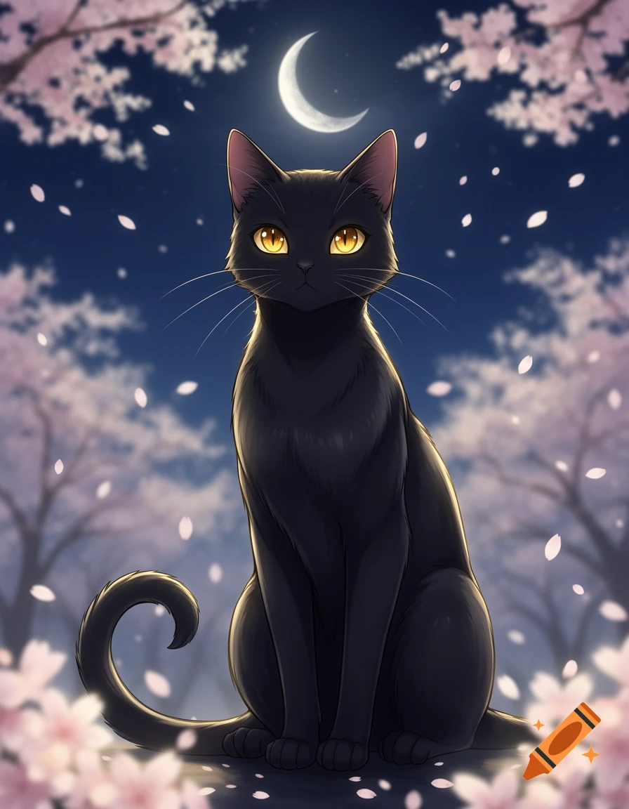 An anime-style black cat with golden eyes sits under a crescent moon with pink cherry blossoms falling at night.