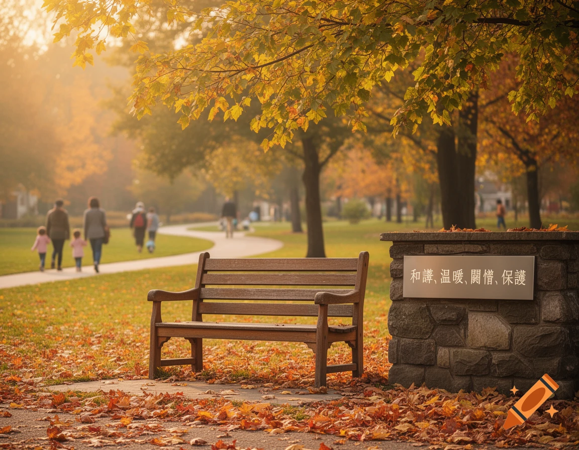 A photorealistic autumn park scene with a wooden bench, fallen leaves, and distant people on a path under golden trees.