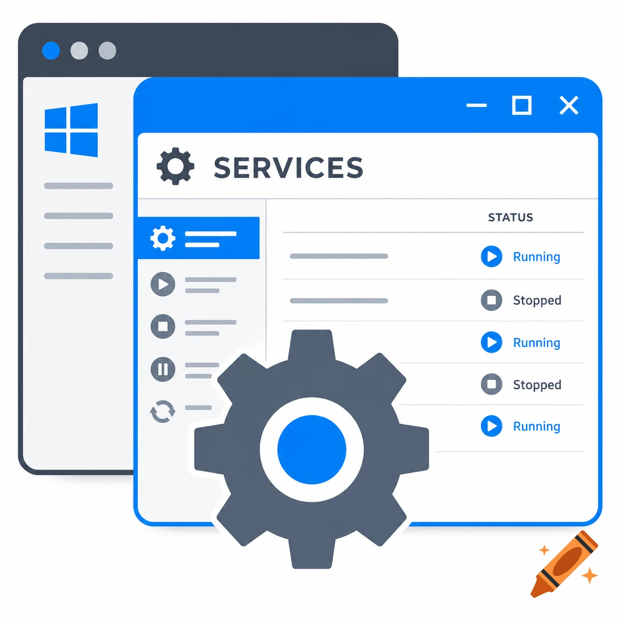 Stylized computer window for 'SERVICES' with a Windows logo, gear icon, and running/stopped statuses.