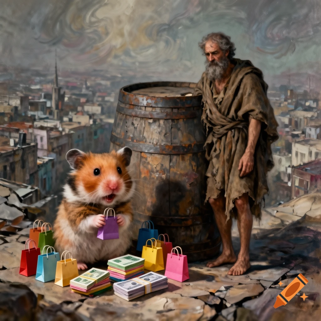 A hamster with shopping bags and money sits next to a bearded, disheveled man by a barrel, with an expressionistic city background.