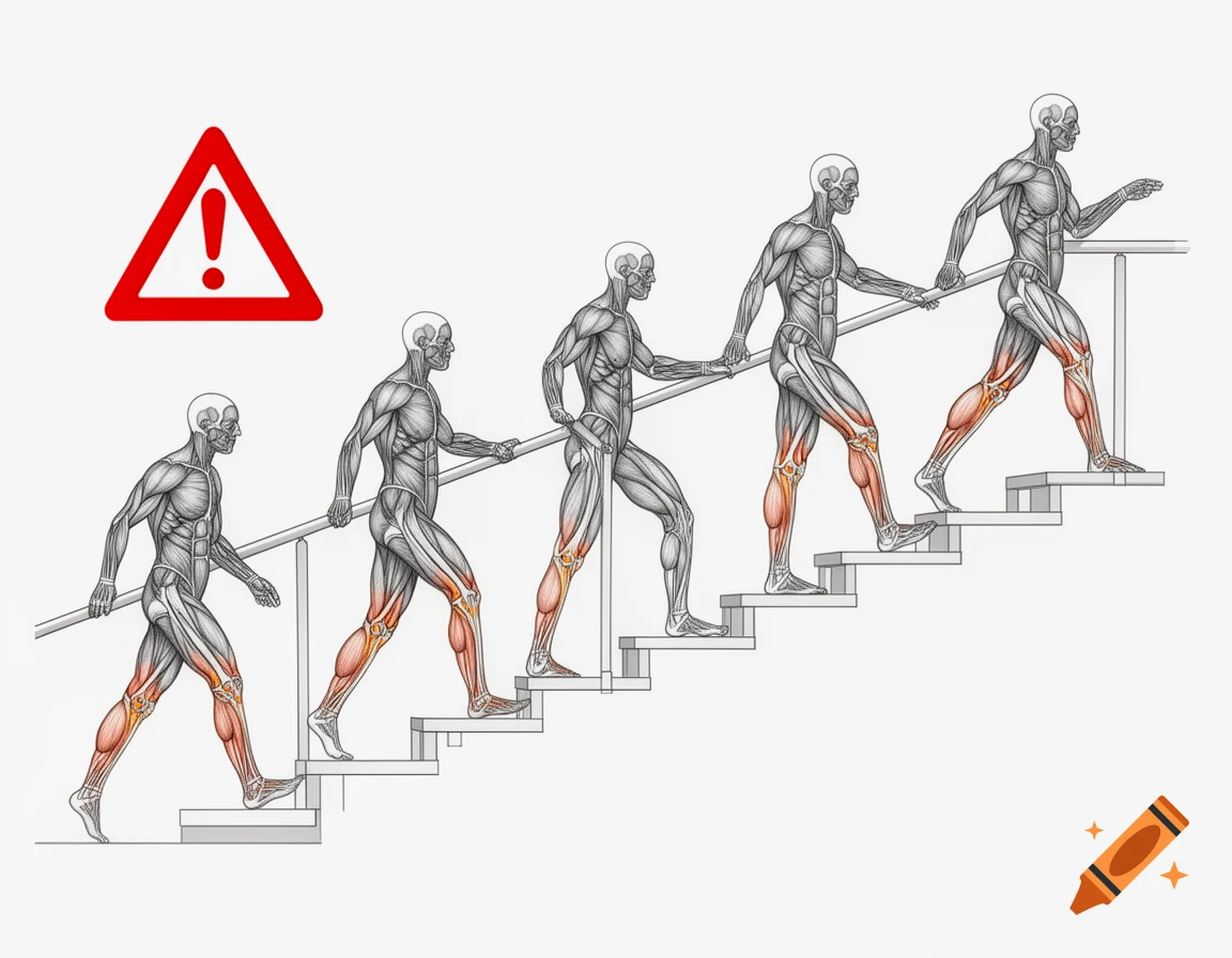 Anatomical diagram showing five figures walking up stairs, highlighting leg muscles and knee joints, with a red hazard sign.