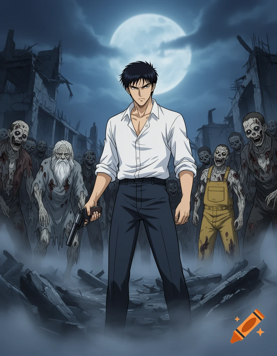 An anime man with a gun stands amidst a horde of zombies in a ruined city under a full moon.