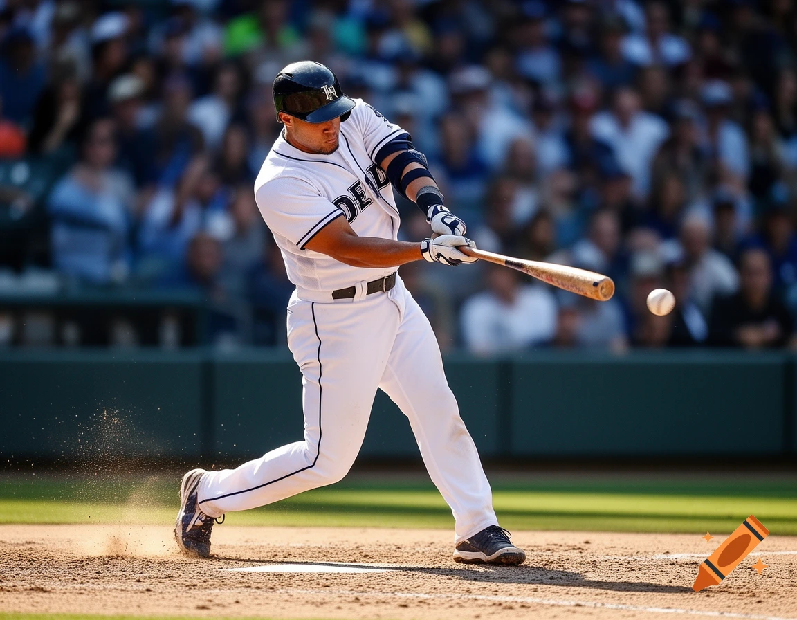 Photorealistic image of a baseball player in a white uniform swinging a bat and hitting a baseball on a dirt field.