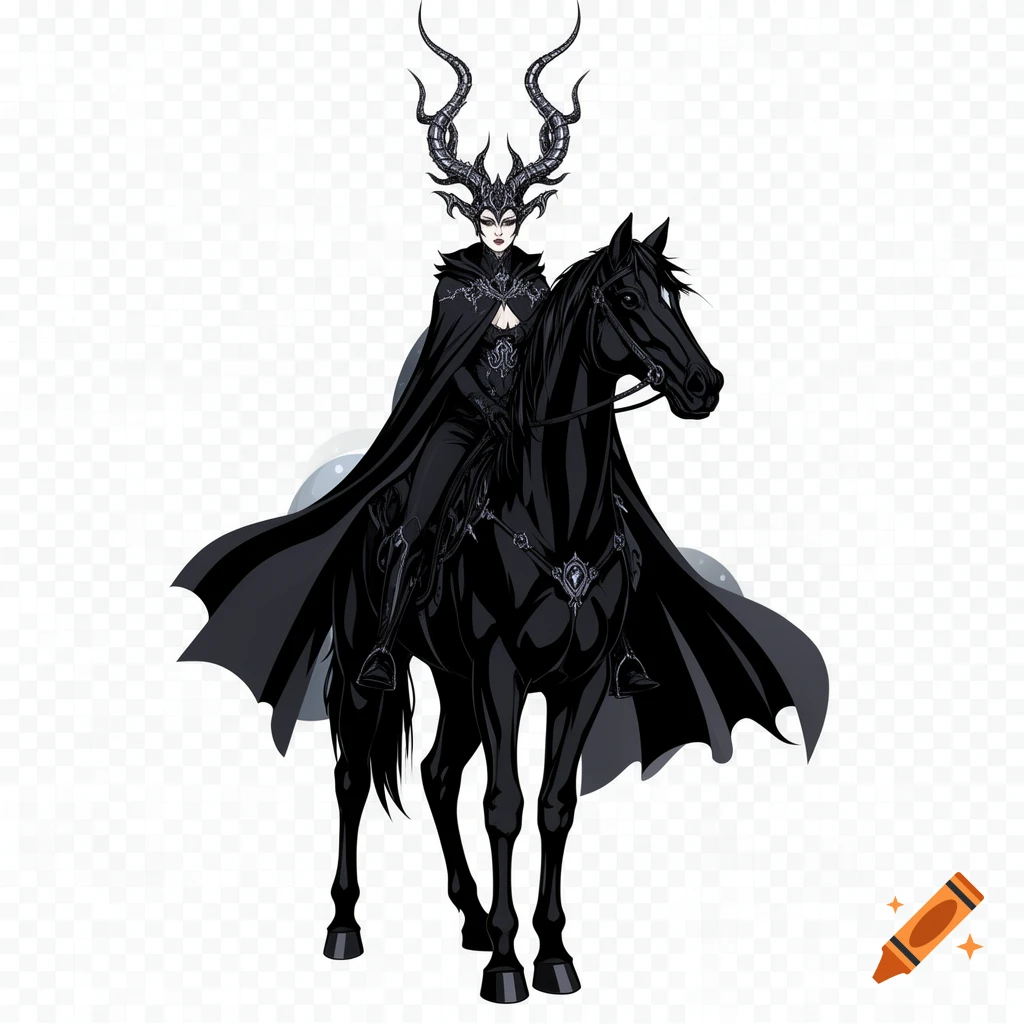 A gothic horned huntress in a black cape riding a black horse, rendered in vector art style on a transparent background.