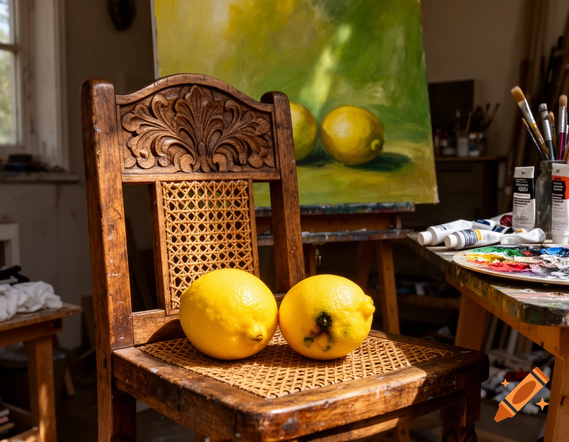 Two lemons rest on a carved wooden chair in a sunlit art studio, with a lemon painting on an easel and art supplies nearby.