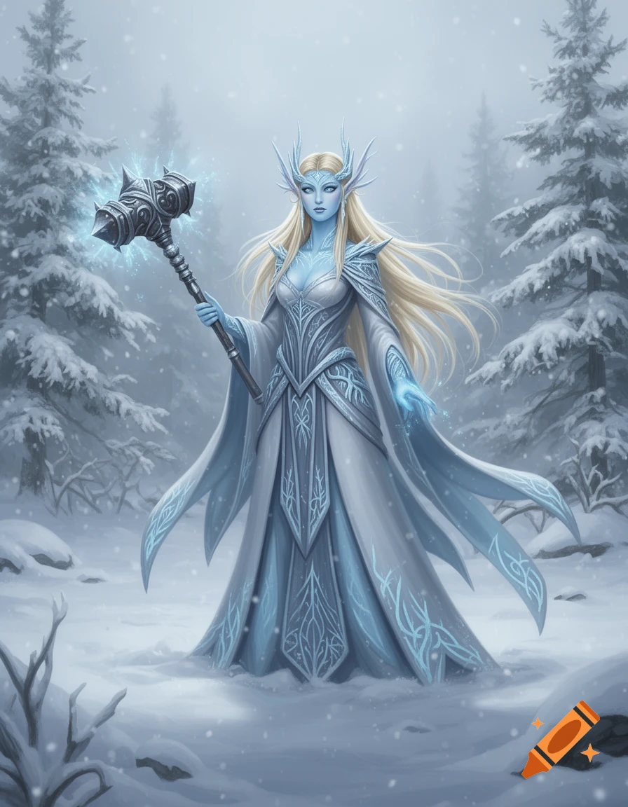 A female eladrin cleric with blonde hair and pale blue skin, wearing an ornate winter dress, holds an icy mace in a snowy forest.